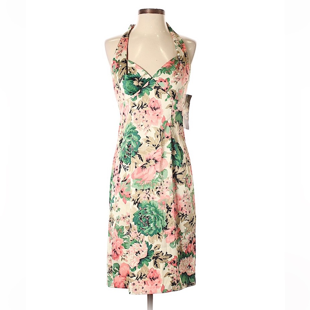 Donna Ricco Floral Backless, Halter Dress - Green and Pink Sz 4 MSRP $100